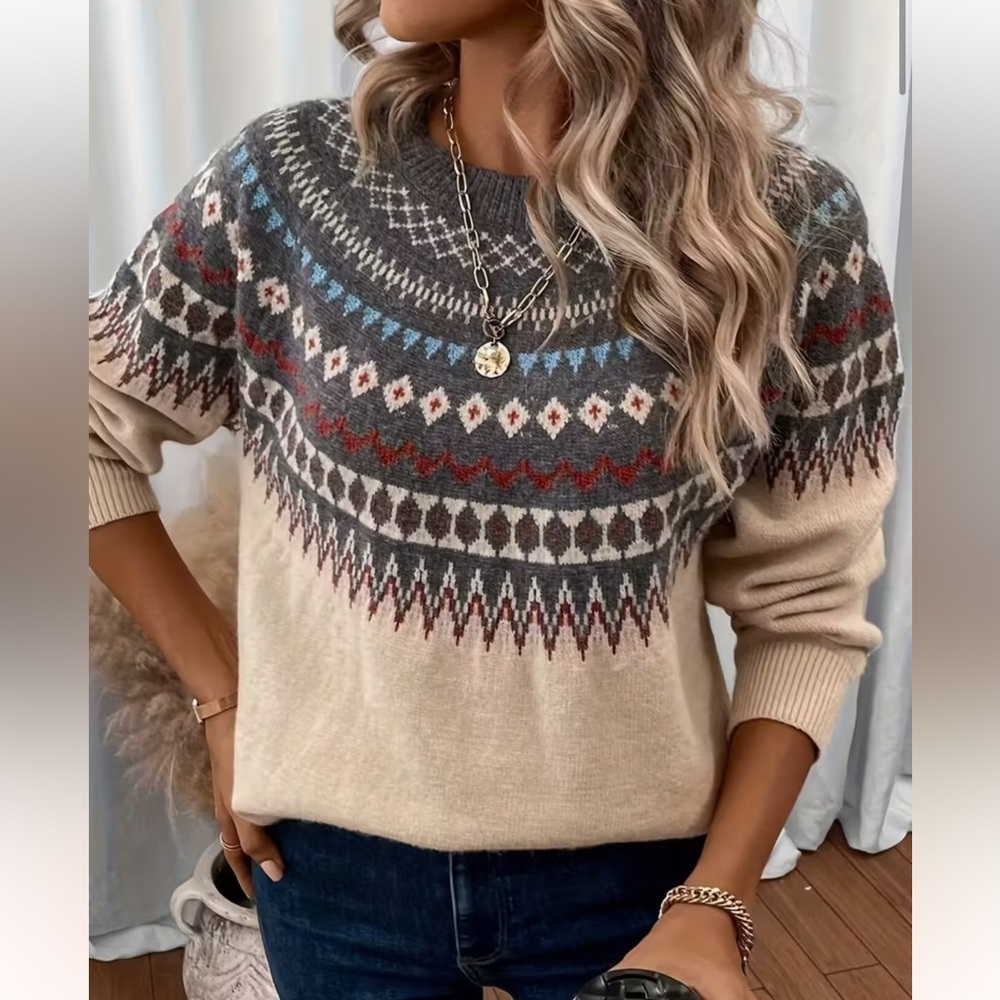 New Fair Isle Knit Sweater Top Pullover Cream Gray Blue‎ Burgundy Size M